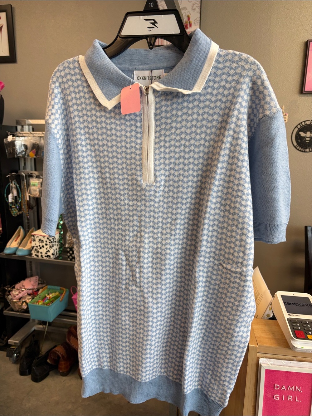 Oxknitstore Girls' Light Blue Knit Polo SweaterEV5JAX